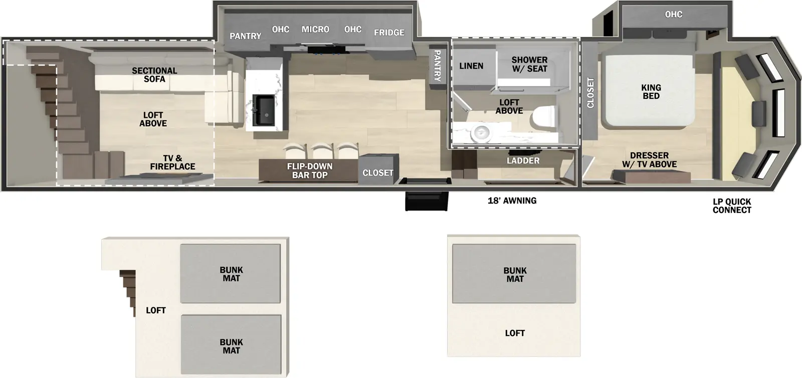 The Cedar Creek Cottage Fifth Wheels 41FWC floorplan has one entry and two slide outs. Exterior features include: fiberglass exterior and Optional awning. Interiors features include: loft, front bedroom and rear living.
